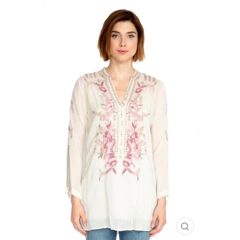 Johnny Was Clio Embroidered Tunic in Ivory Floral Cupra Rayon, size L